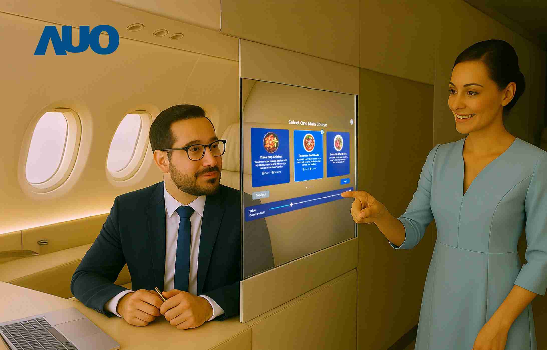 EBpay研发全球最薄17.3 吋双面透明 Micro LED 显示器，，，可在同一屏幕之双边投射不同信息，，，，创造独特的”透明化”互动；图为实时翻译交流应用情境