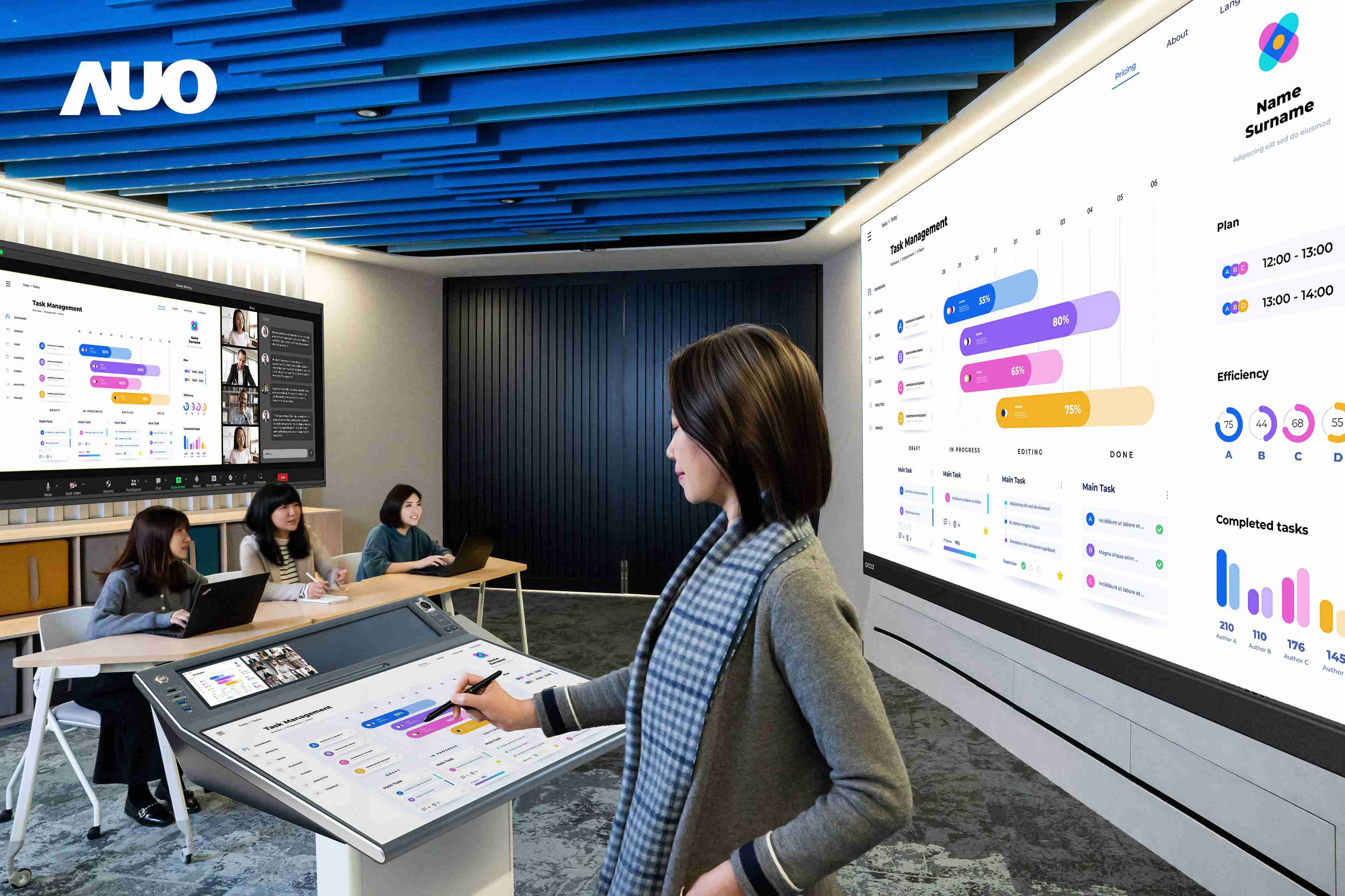 达擎携手Avocor与Rise Vision展示全方位商务领域应用，，包含采用模块化设计的138吋一体式All-in-One LED显示器及具21:9超宽比例的92吋交互式电子白板（IFPD），，，，讲者可轻松分享内容，，，有效提升会议协作效率。。。